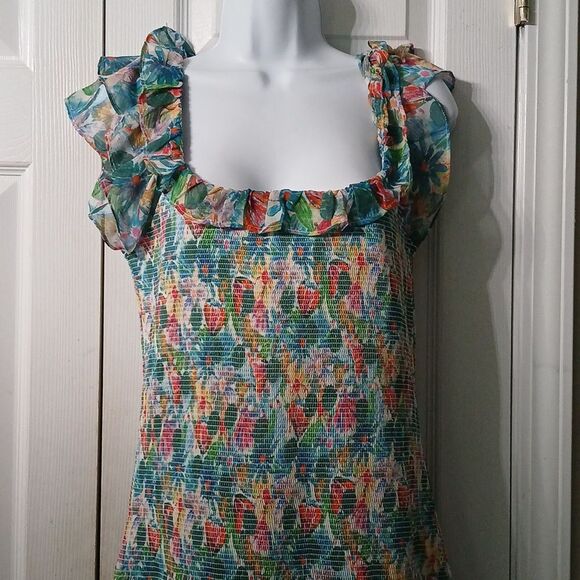 ASTR The Label Green Pink Blue Floral Smocked Dress Flutter Sleeve Sz XL NWOT - Picture 3 of 7